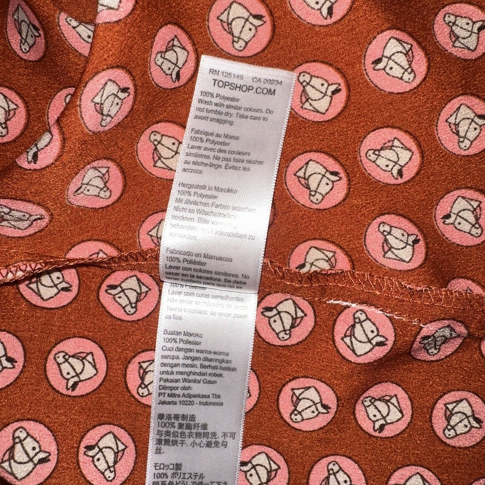 Topshop‎ Horse Coin Print Long Sleeve Midi Dress Orange Geometric Womens Sz 10 - Picture 9 of 9